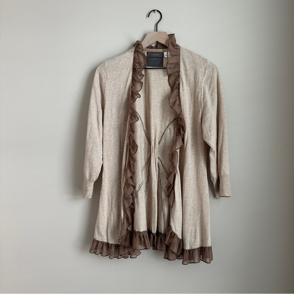 Anthropologie Guinevere Ruffle Trim Cardigan Sweater Women’s XL Beige Stripe - Picture 2 of 5